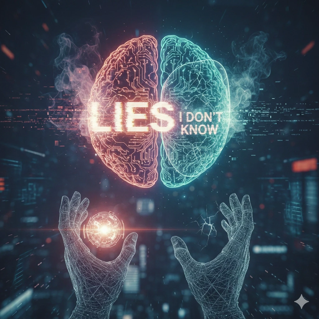 Artistic digital graphic representing the challenges of AI truthfulness. It features a glowing electronic brain divided into "LIES" in orange and "I DON'T KNOW" in teal, hovering above wireframe hands against a futuristic, data-driven background.