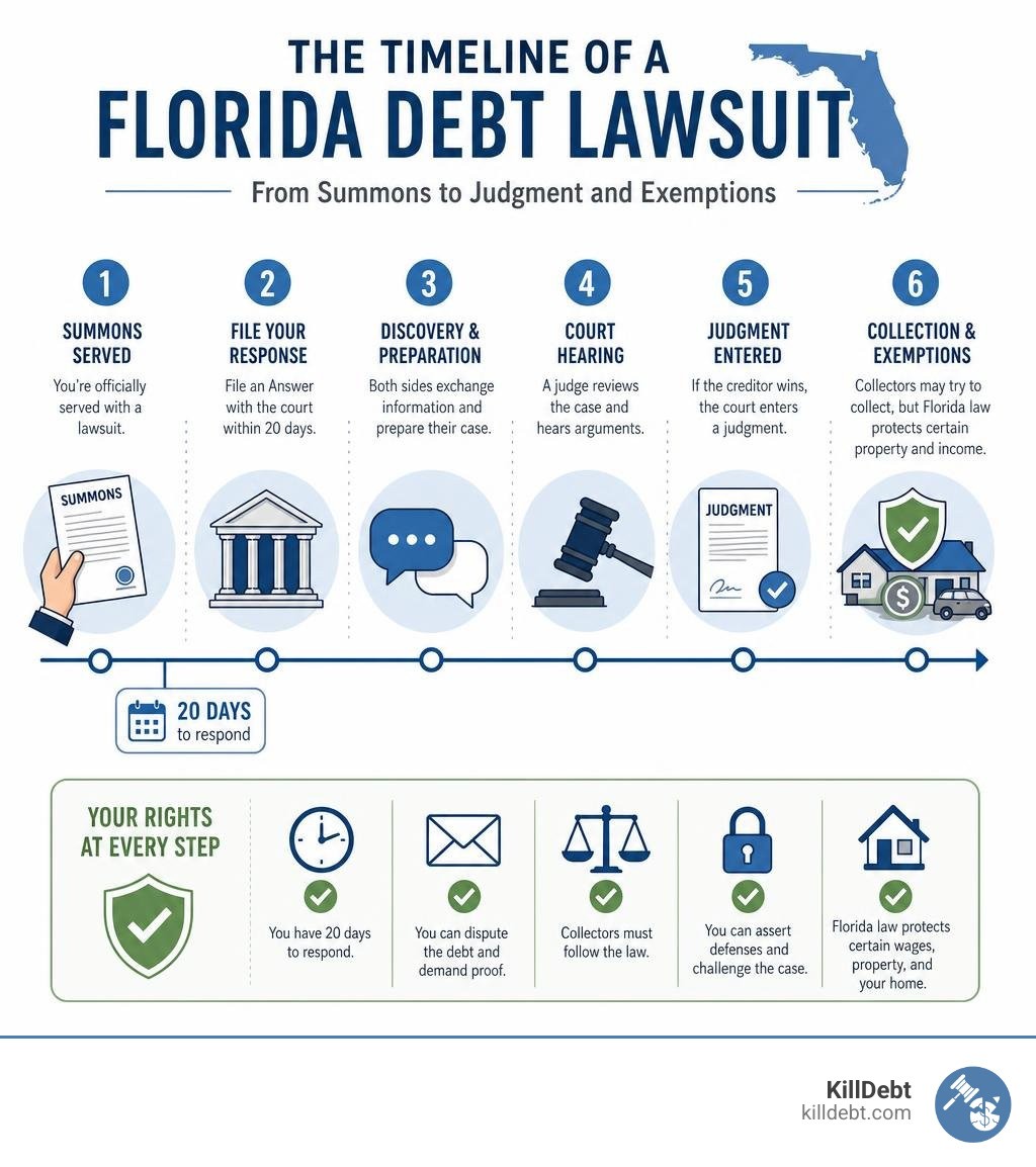 Timeline of a Florida debt lawsuit from summons to judgment and exemptions infographic