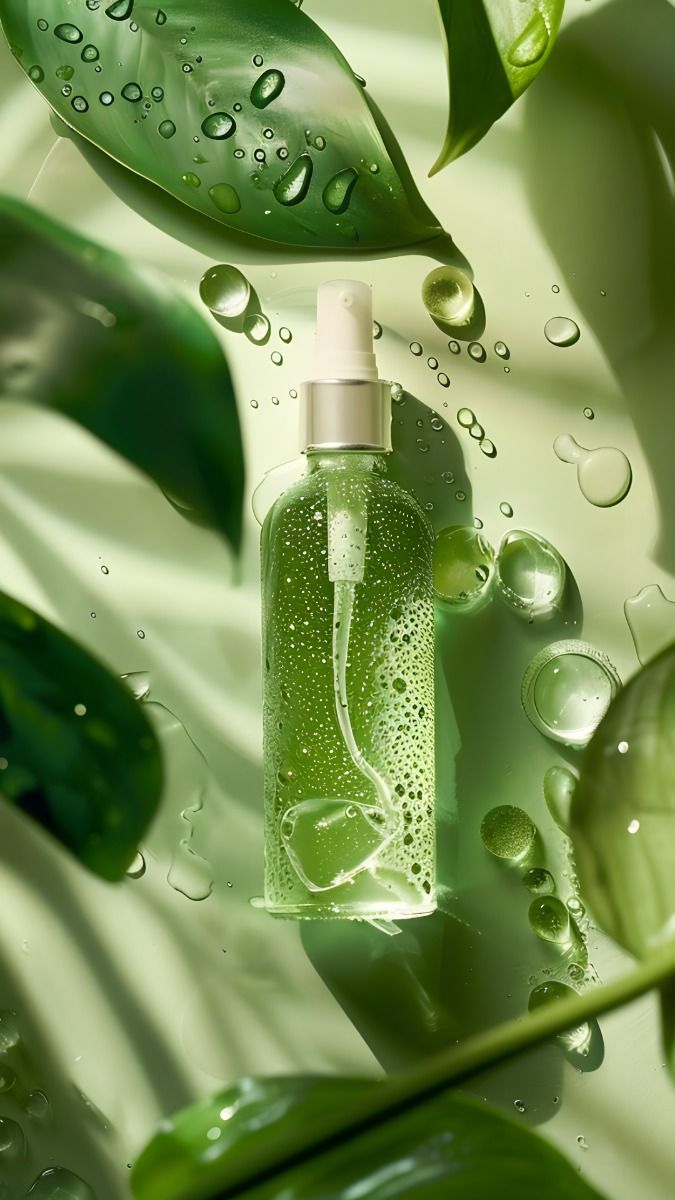 Clear green toner bottle resting on fresh green leaves covered in water droplets