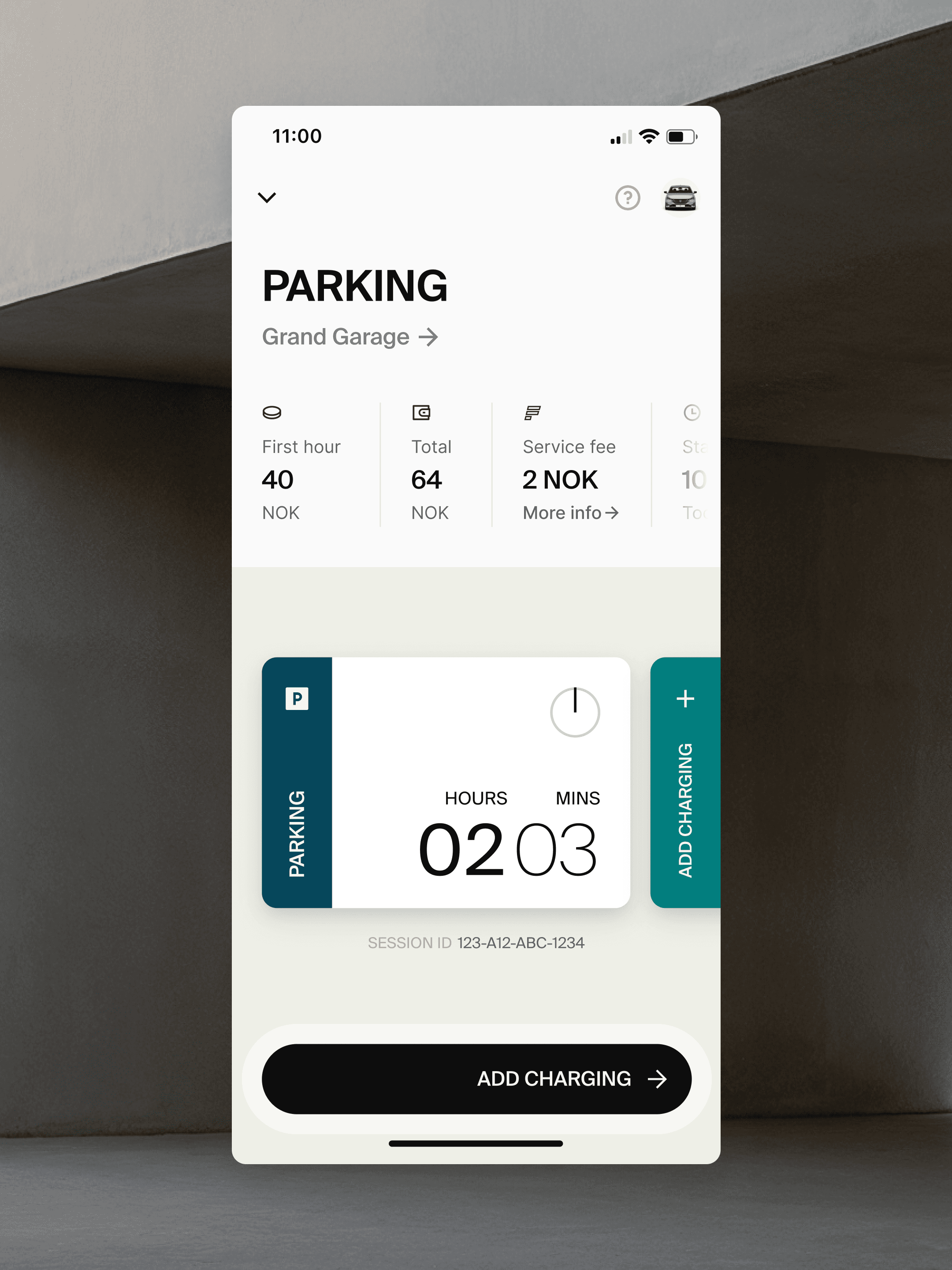 UI detail of the active parking session screen featuring a minimalist time counter.