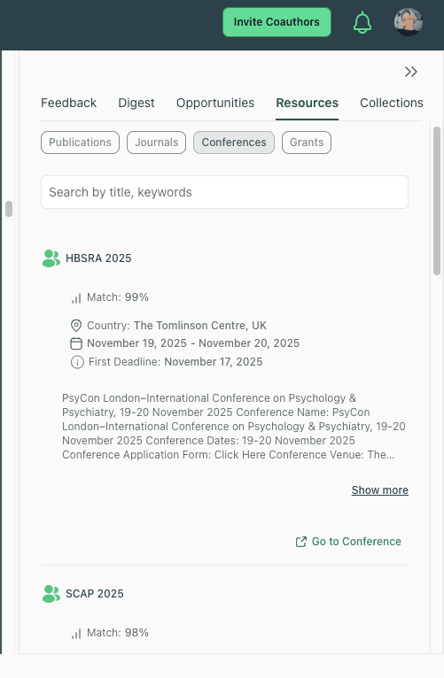 Dashboard showing a list of academic conferences (HBSRA 2025, SCAP 2025) with percentage match scores based on manuscript content.