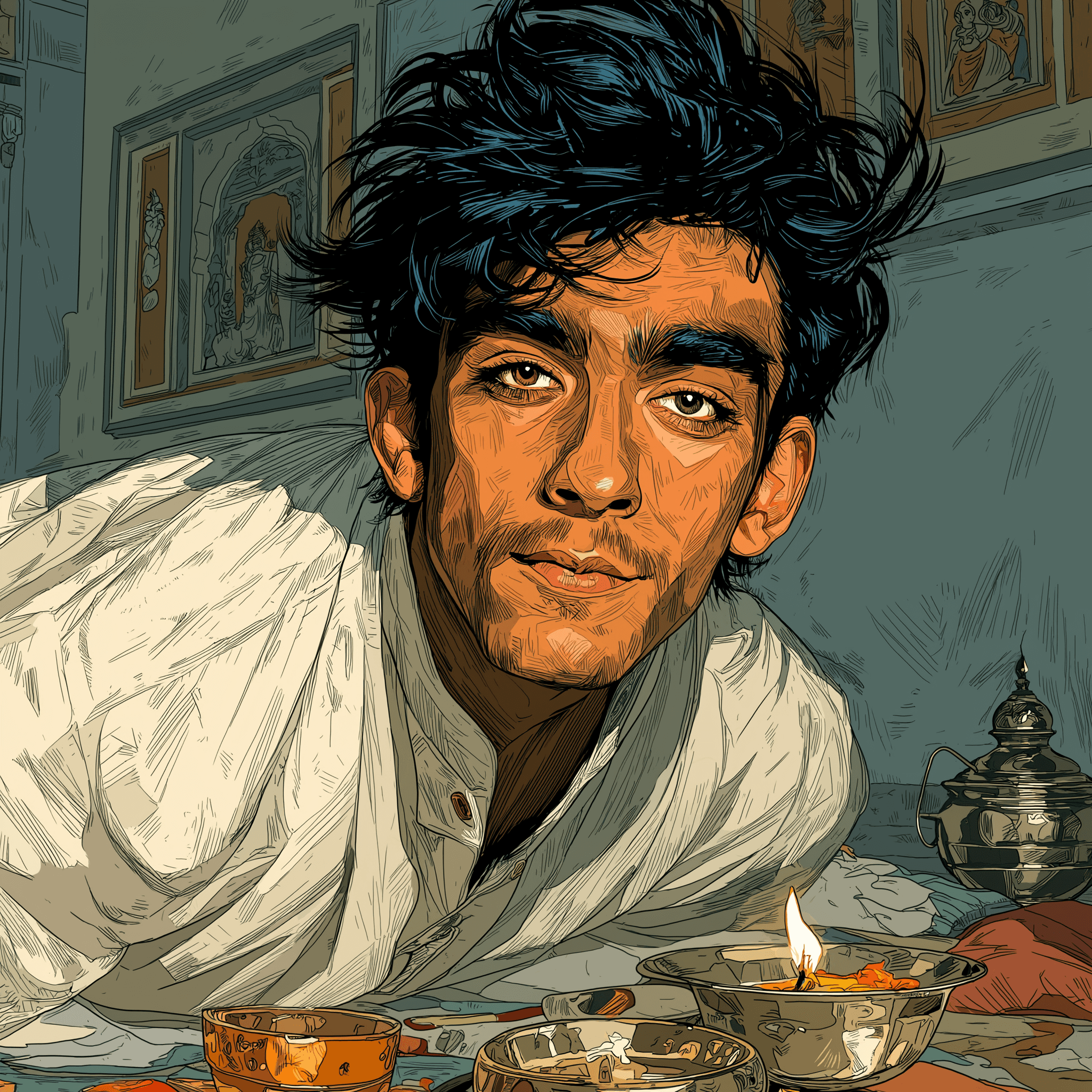 A close-up of a hand wearing multiple decorative rings against a blue background.