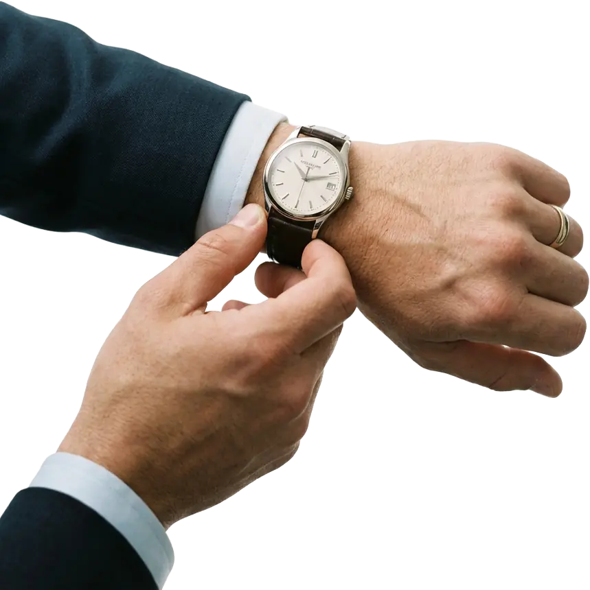 Chauffeur privé VTC ponctuel vérifiant l'heure pour un accueil personnalisé à l'arrivée d'un vol