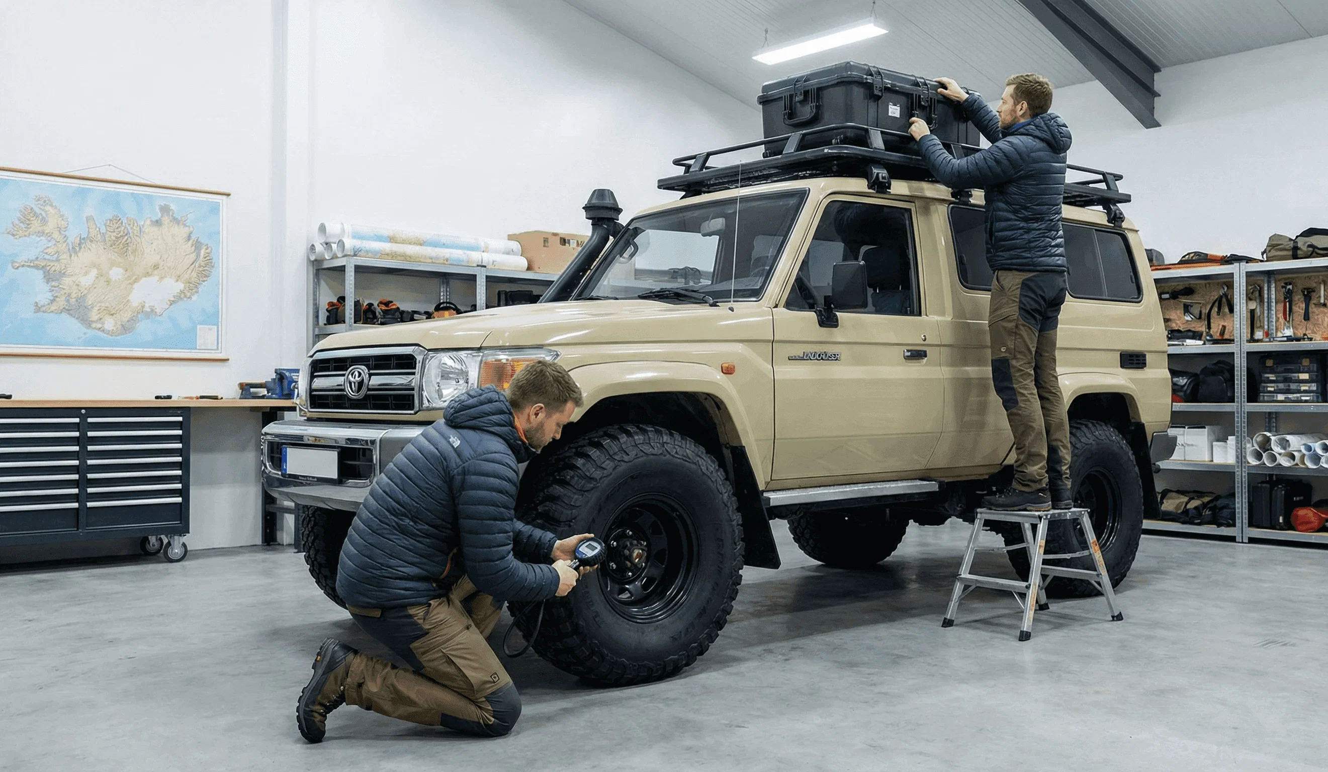 Man inflating a tire on a tan SUV in a garage.