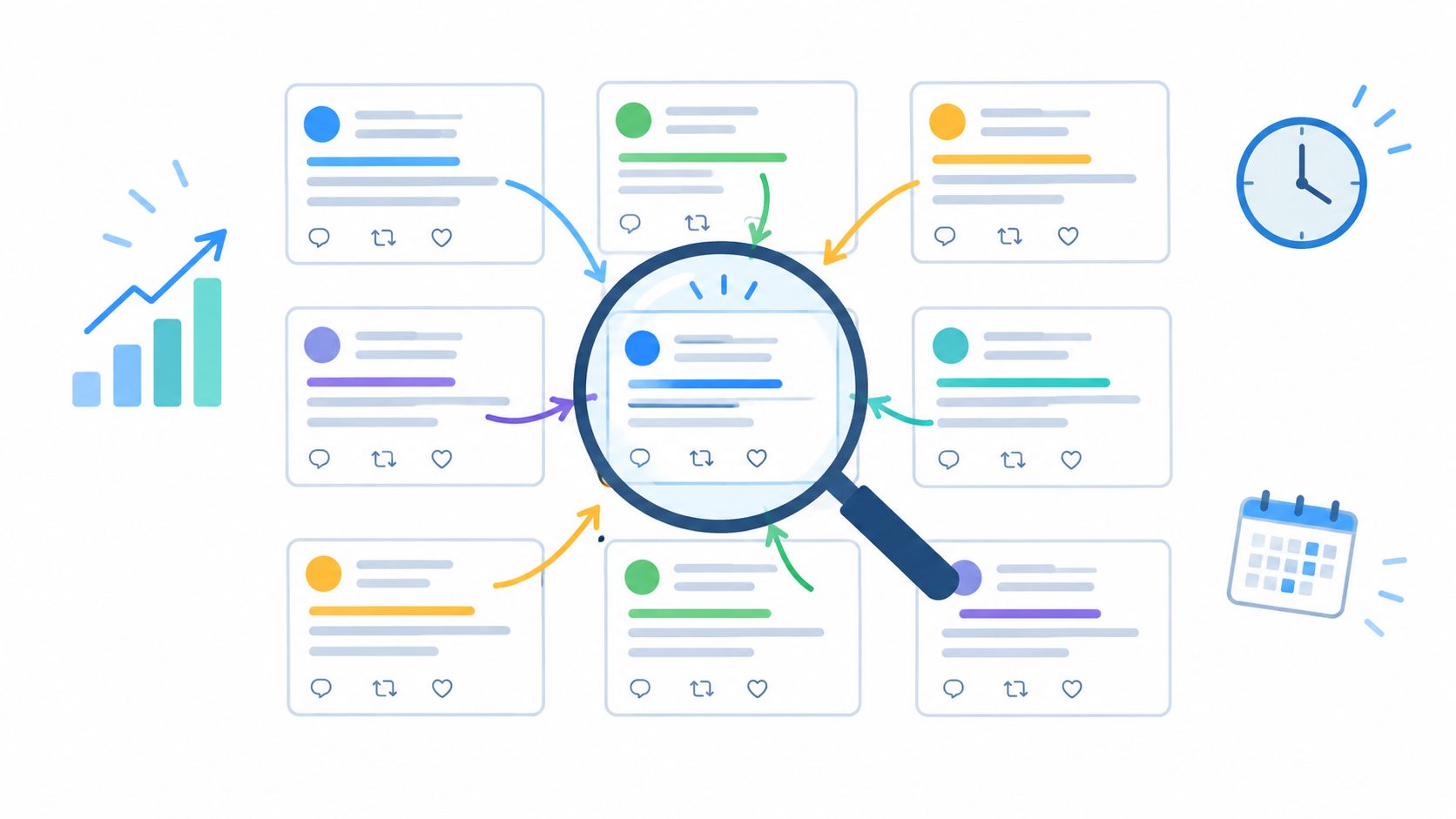 A magnifying glass focusing on a social media post surrounded by other posts, charts, and planning icons.