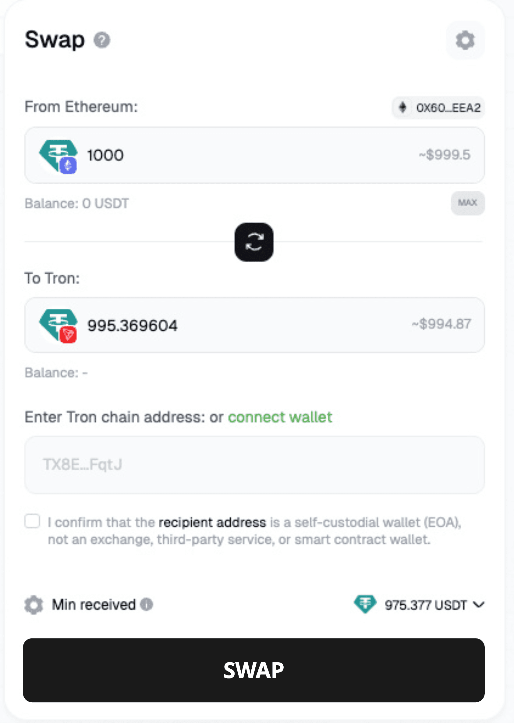 Symbiosis interface showing a swap from Ethereum USDT to TRON USDT
