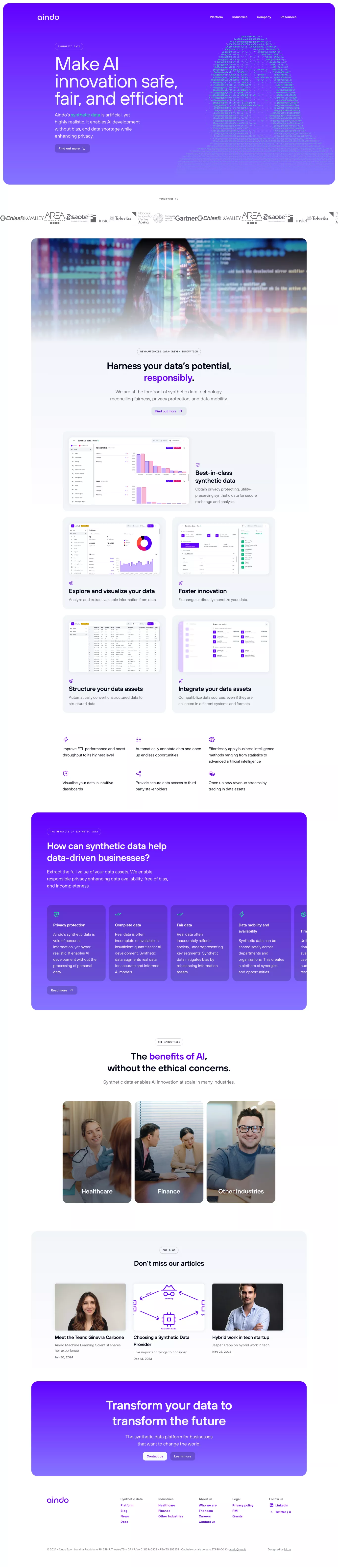 Aindo AI - Your AI partner landing page screenshot showcasing Tech and AI design