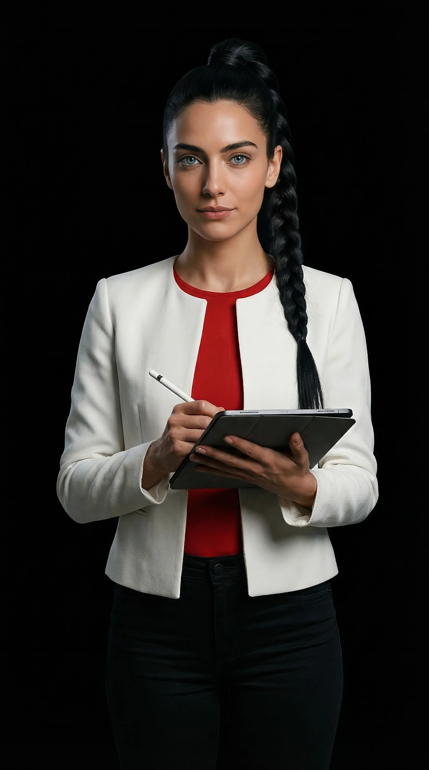 Porträt einer digitalen KI-Persona in einem futuristischen Raumanzug in Schwarz, Weiß und Rot, die für strategische Führung und Supervision steht.