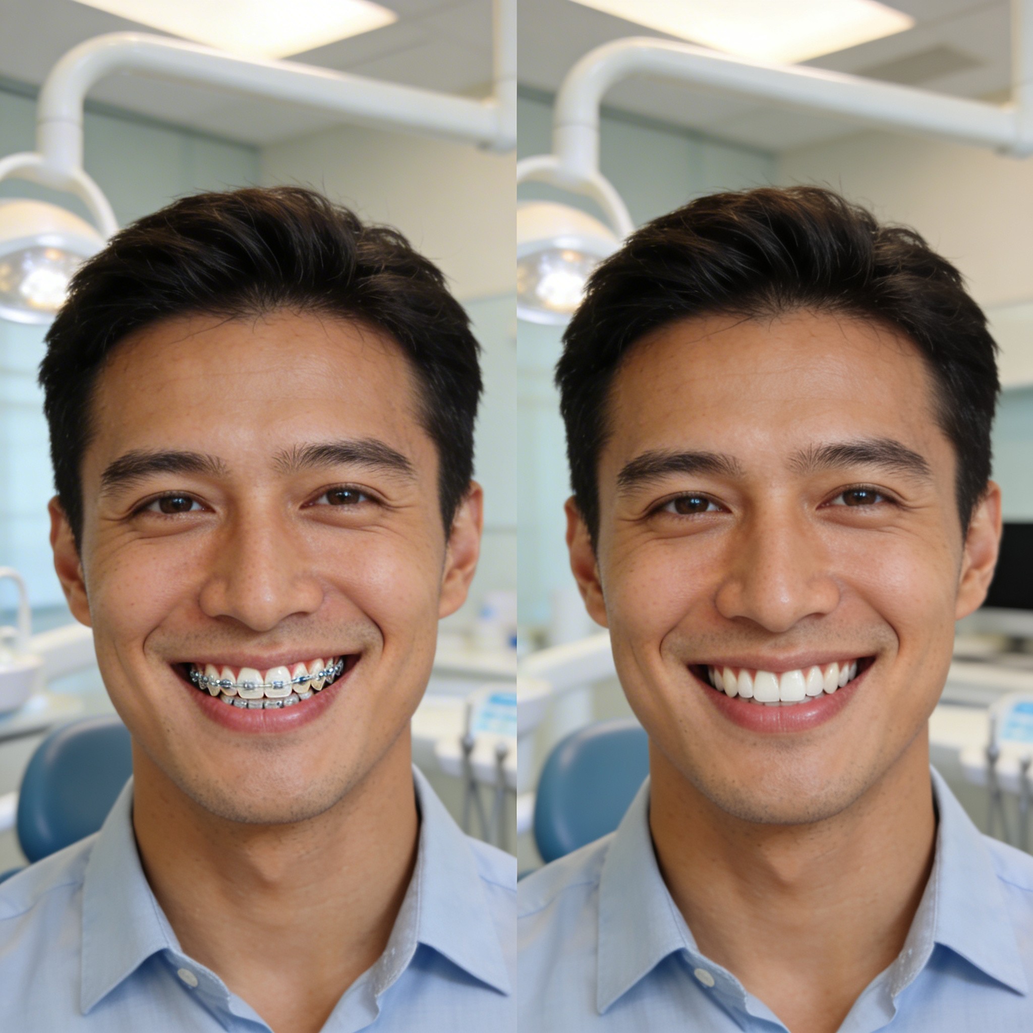 Before and after Invisalign treatment showing dramatic smile transformation from crowded teeth to perfect alignment at Meadowbrook Dental