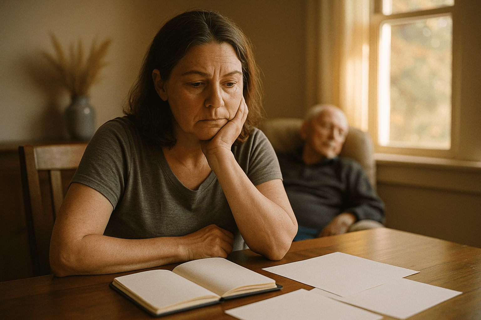 A middle-aged woman sits pensively at a dining table with papers while her elderly father rests in the background.