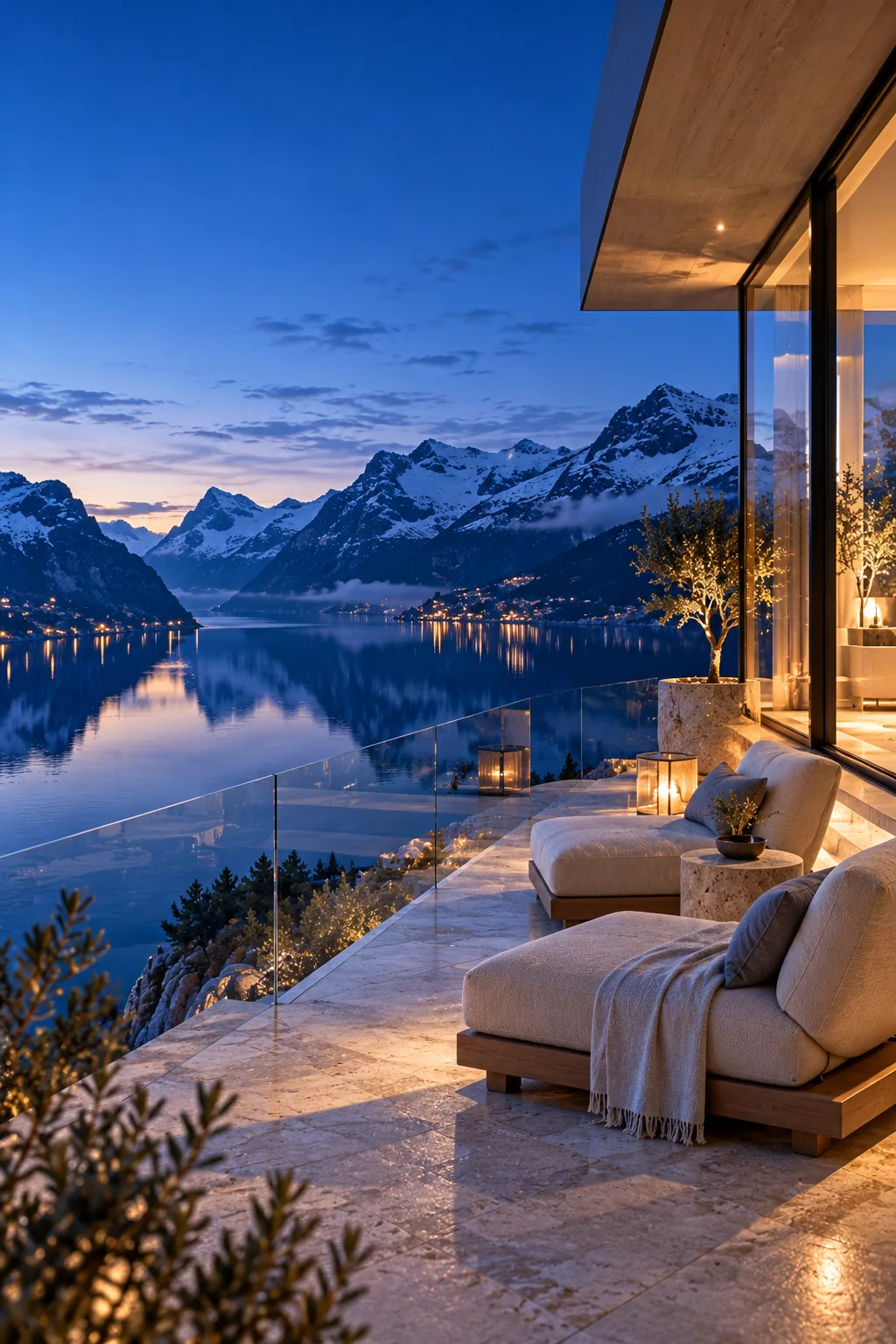 Two lounge chairs on a terrace above a fjord at blue hour