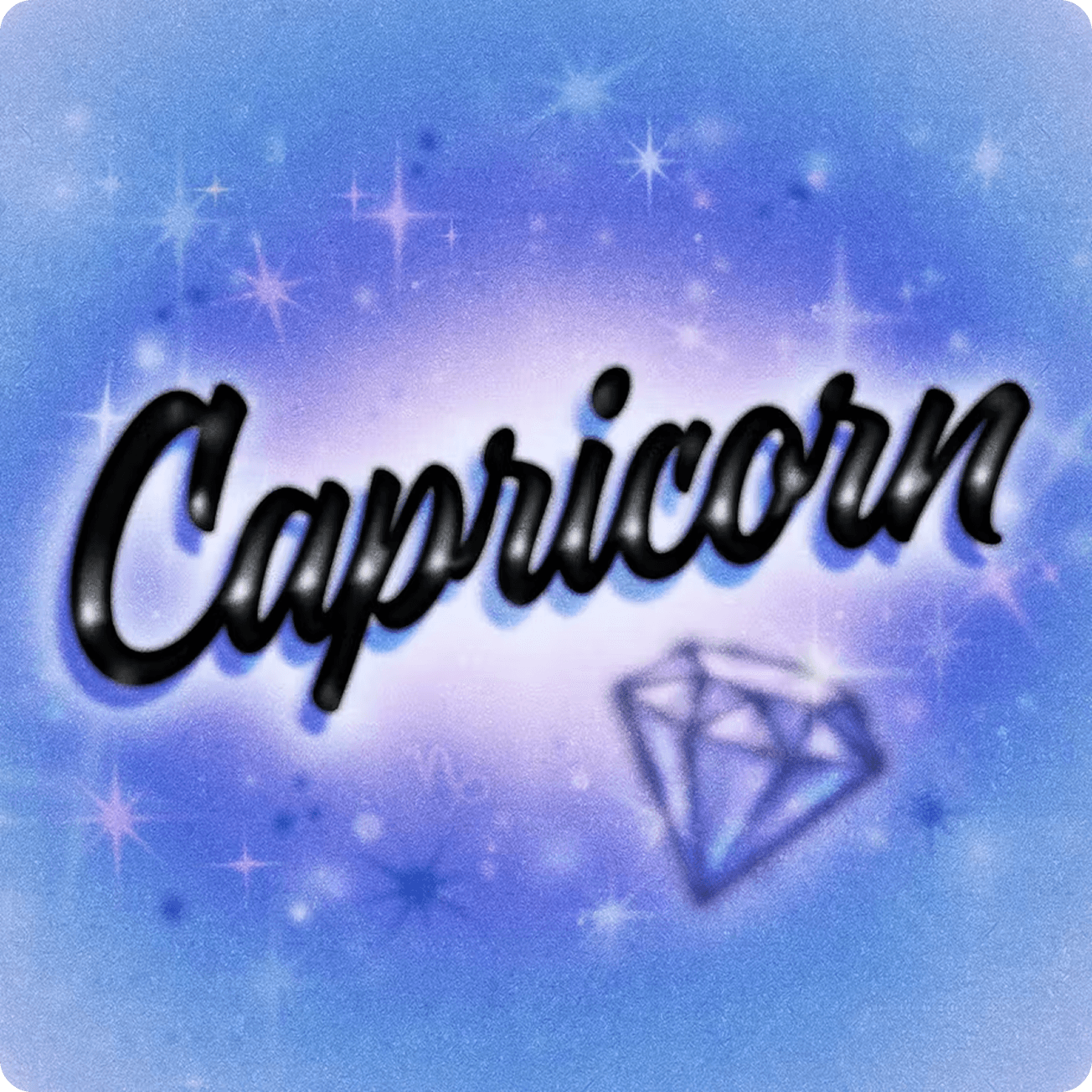 Text graphic featuring "Capricorn" in stylish font against a blue and purple sparkly background with a diamond.