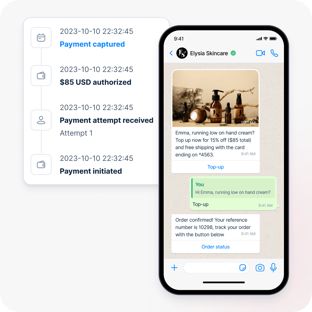 Mobile app showing payment confirmation timeline and customer chat with Elysial Skincare