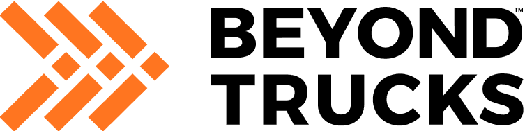 An iconographic element showing one of the versions of the BeyondTrucks logo, a SaaS company. This logo version features a graphic of three interlocked white arrows pointing to the right, styled in accordance with the company's cloud-based Transportation Management Software's visual communication theme, symbolizing forward movement and progress. The company name, BEYONDTRUCKS, appears in uppercase letters next to the arrow graphic.