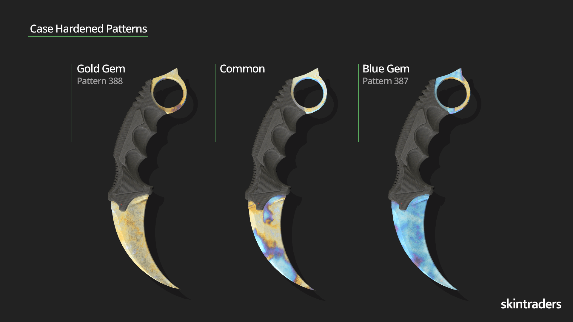 CS2 Karambit Case hardened showcase, Karambit Gold Gem, Regular Karambit Case Hardened, Karambit Blue gem 387