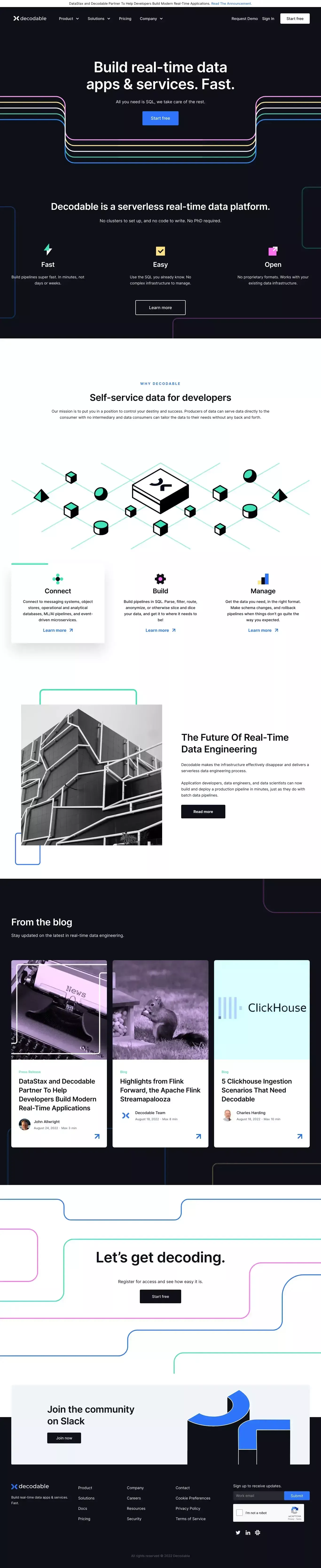 Decodable landing page screenshot showcasing Tech design