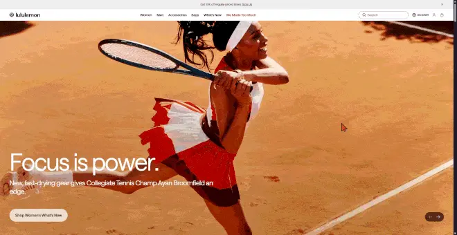 Lululemon welcome email popup with a split-screen design featuring a bold red left panel with an animated, looping visual of a runner and a white right panel containing a 15% discount headline