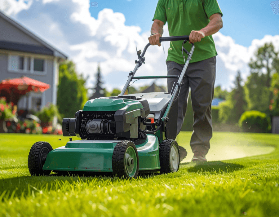 Professional landscaper mowing a well-maintained residential lawn with a green lawn mower on a sunny day.