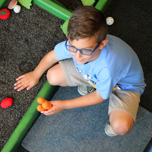 Young boy wearing glasses and a blue shirt, holding orange balls while playing on a carpeted area with green edges and small toys.