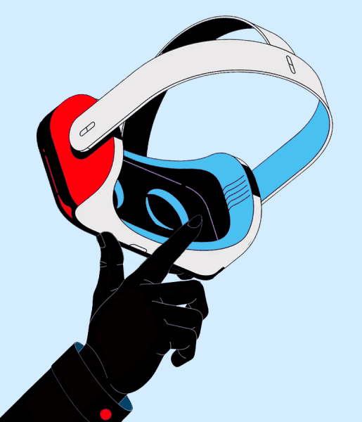 Illustration of graphic designer holding a vr headset