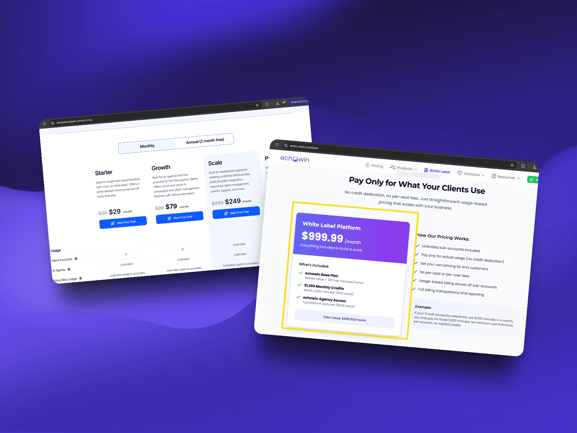 Best Echowin alternative - Better voice AI white label pricing options for agencies | VoiceAIWrapper comparison showing transparent pricing starting at $29/month for Starter plan, $79/month for Growth plan versus Echowin's expensive White Label Platform at $999.99/month with complex credit-based billing system, 50/month base plan, 31,200 monthly credits, and $104.91/month total cost - VoiceAIWrapper offers superior value with unlimited usage, no credit restrictions, and straightforward agency pricing | VoiceAIWrapper