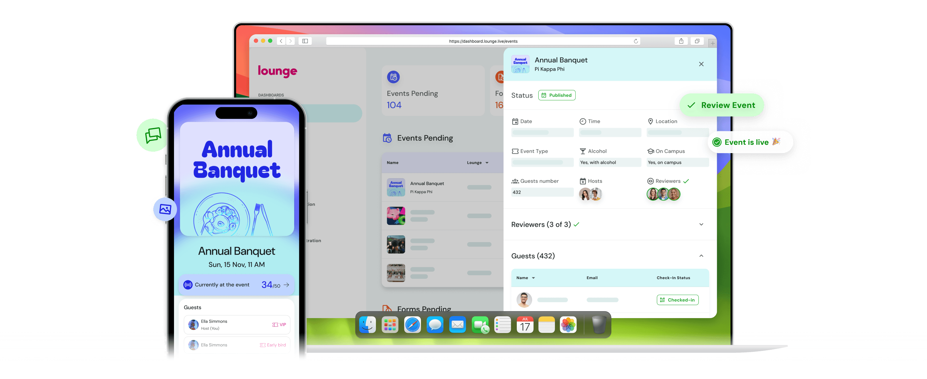 Lounge dashboard for national organizations showing chapter activity, event compliance, and engagement tracking across campuses
