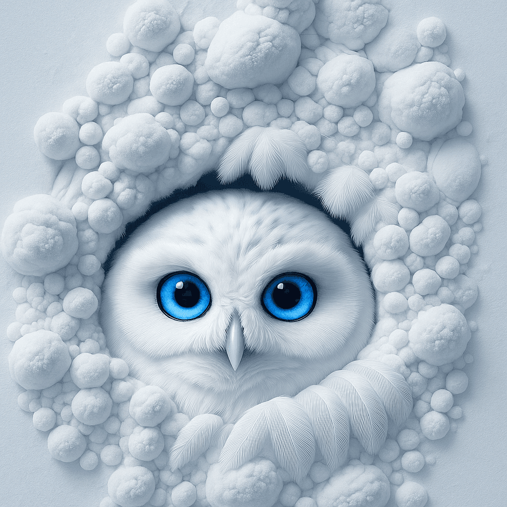 Close-up illustration of a white owl with bright blue eyes, representing AI intelligence and clarity.