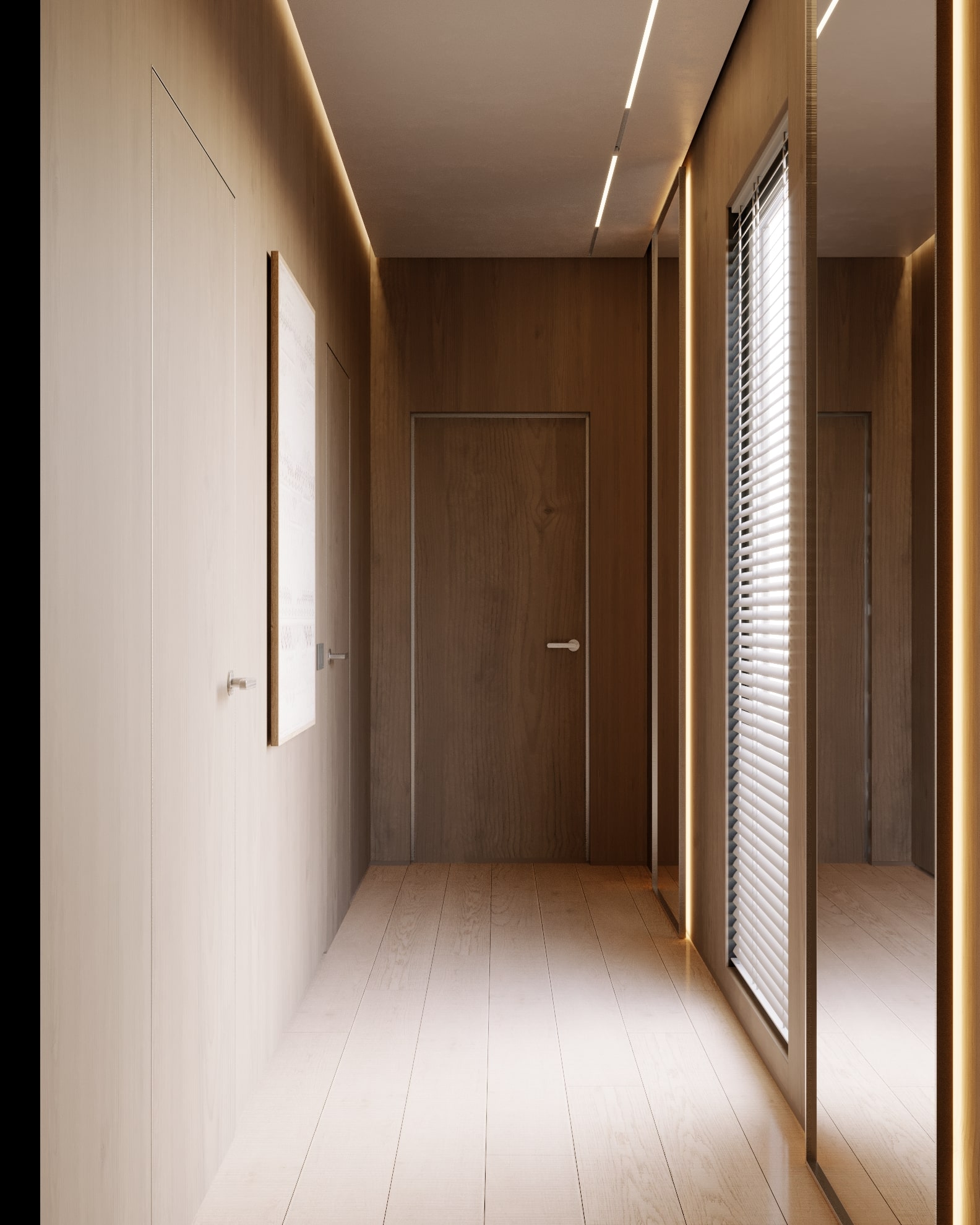 A modern hallway with wooden walls and floors. There's a door, framed art, and a long mirror with blinds.