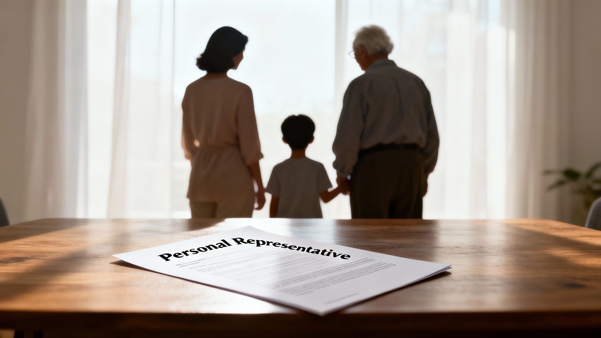A document titled 'Personal Representative' on a table, with a family looking out a window in the background.