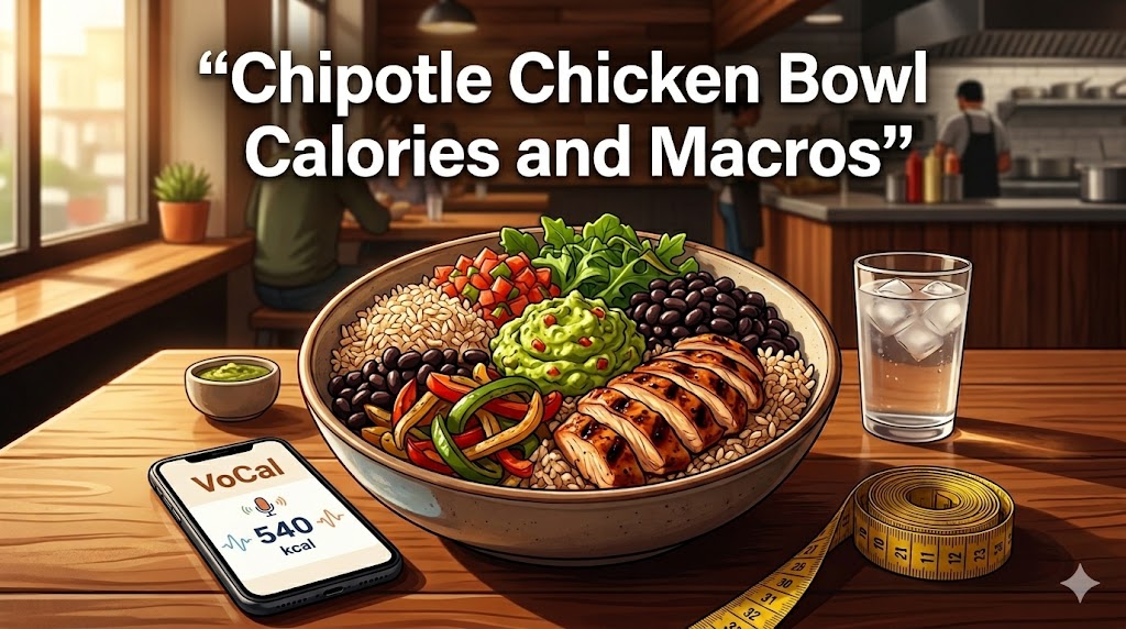 An illustrative image of a healthy Chipotle chicken burrito bowl containing grilled chicken, brown rice, black beans, guacamole, and fajita vegetables. A smartphone with the "VoCal" calorie tracking app and a measuring tape are on a wooden table, emphasizing healthy eating.