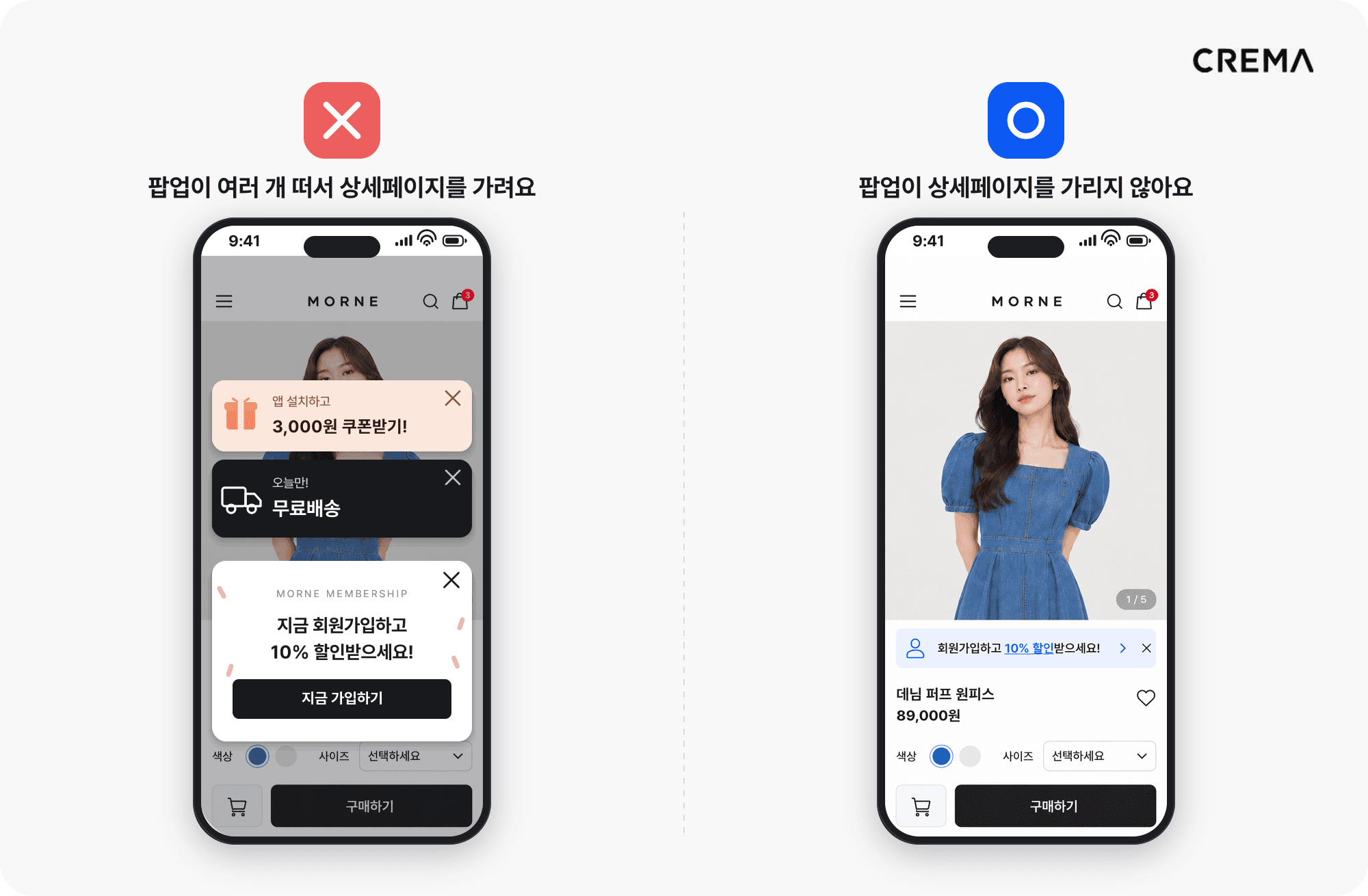 자사몰 상세페이지에 팝업이 여러 개 떠 화면을 가린 경우와 팝업 없이 상품 정보가 보이는 경우를 비교한 모바일 화면
