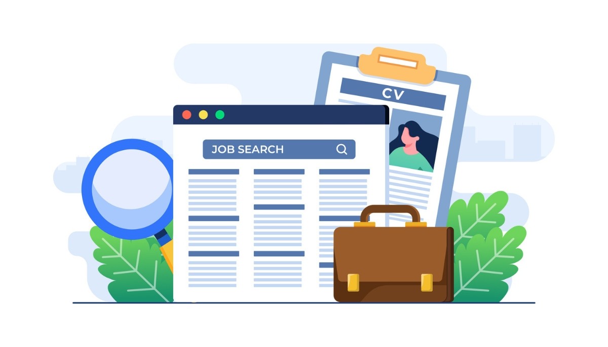 Illustration of job search tools including a browser window labeled “JOB SEARCH,” a CV clipboard, and a magnifying glass.