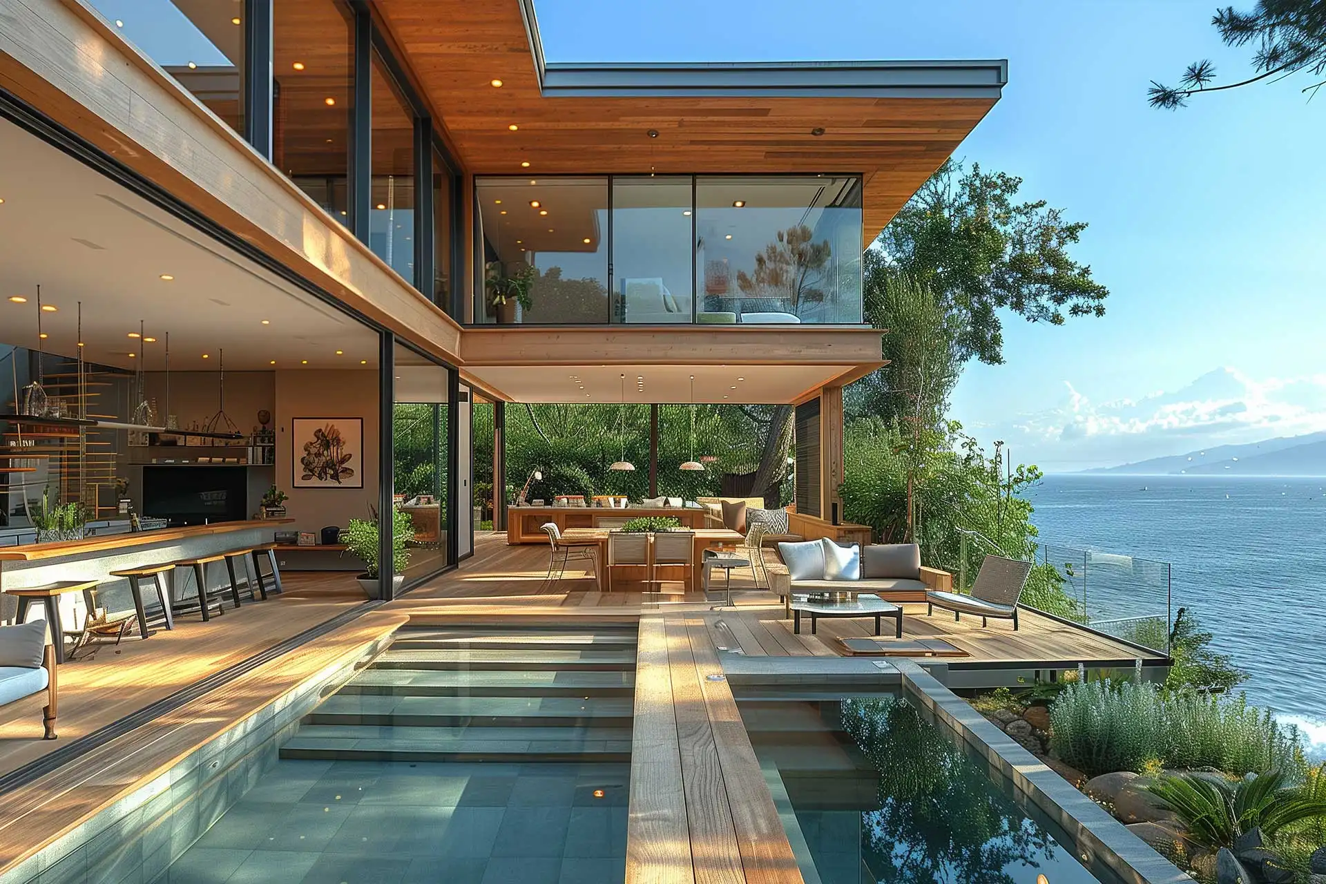 Modern luxury home with large windows, outdoor seating, and a pool overlooking the ocean