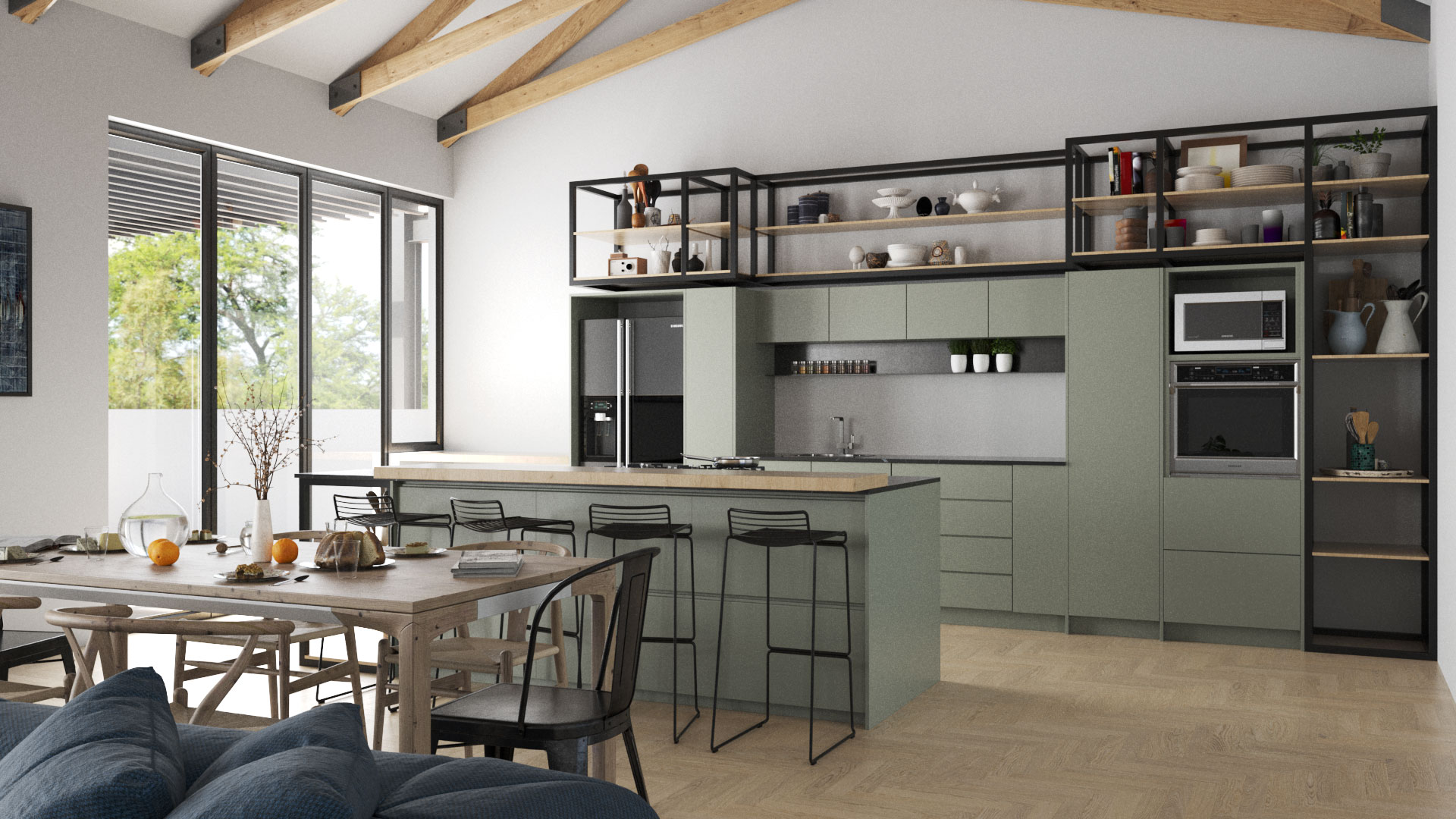 Modern kitchen design with island, wooden beams, open shelves, and dining area.