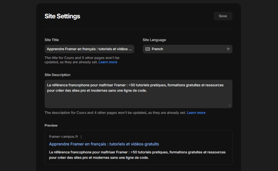 Panneau Site Settings de Framer avec les champs Site Title, Site Language et Site Description pour configurer le SEO global