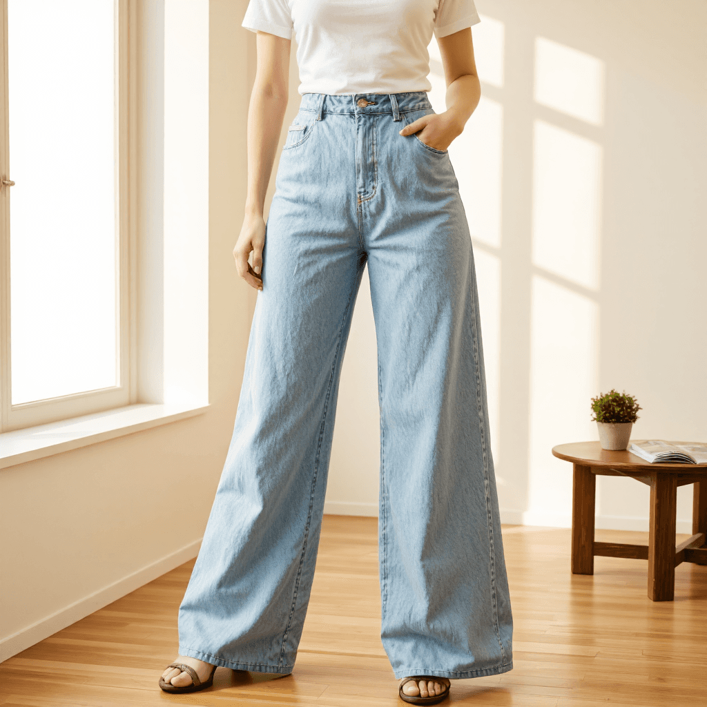 product photography of a pair of wide-leg denim pants