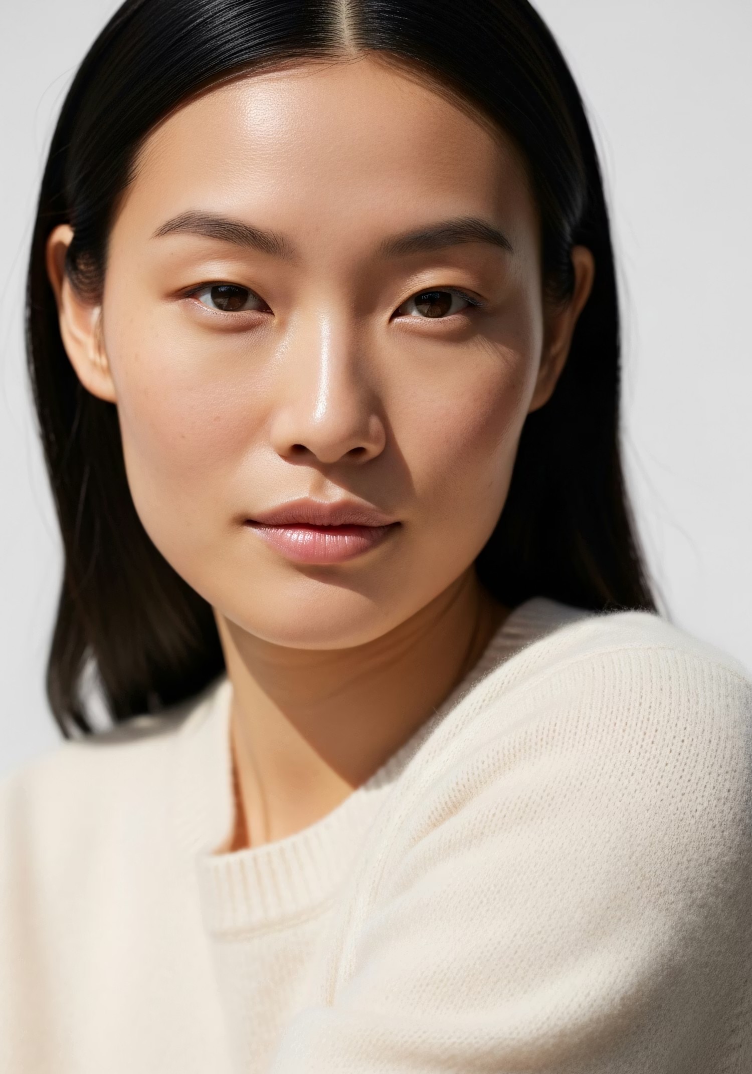 Woman with dark hair and closed eyes in a peaceful restful expression, representing emotional calm and nervous system healing