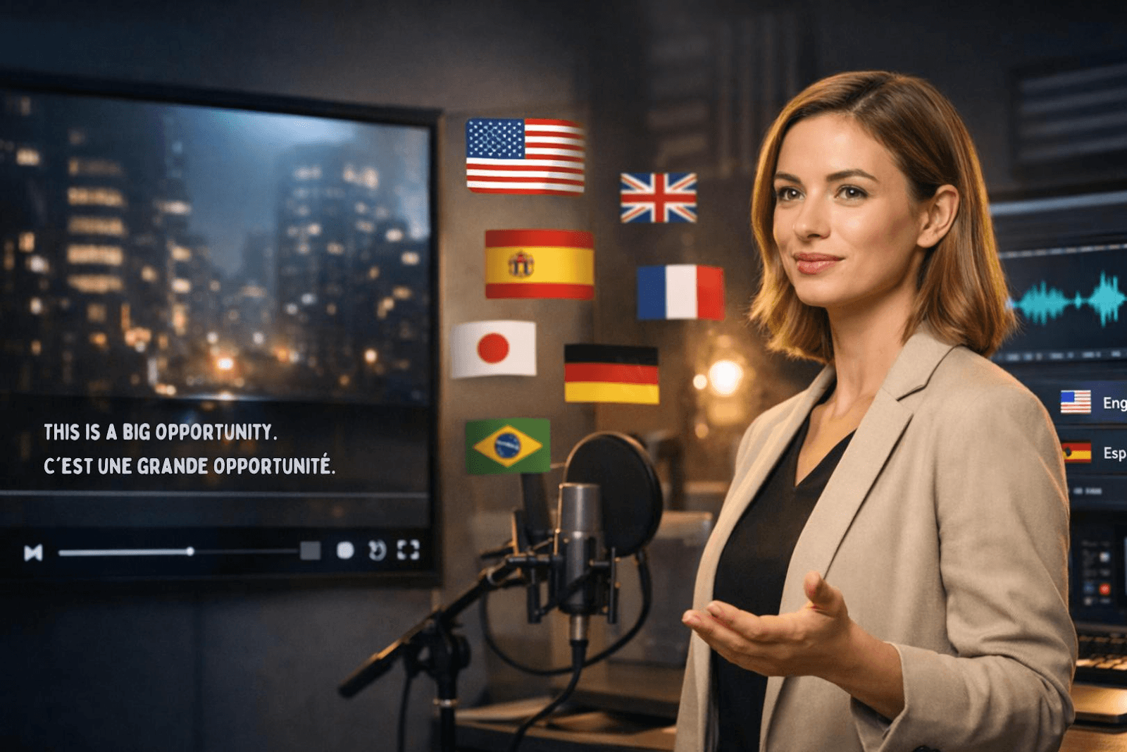 Creator explaining Automatic Dubbing and subtitle workflow in multilingual video localization studio setting with global flags