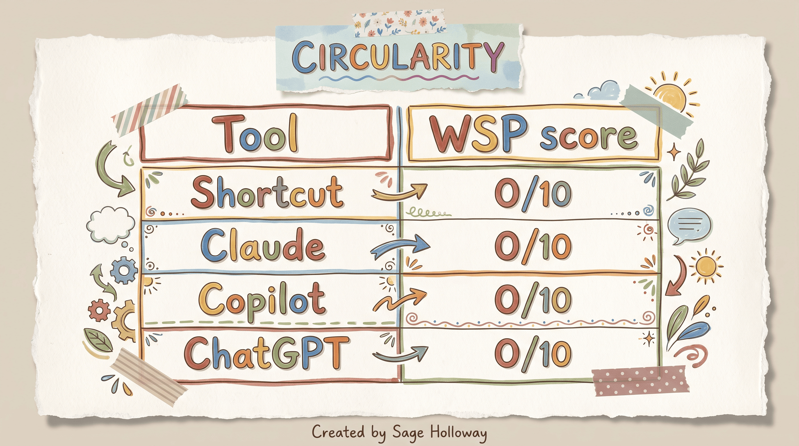 Table showing Shortcut, Claude, Copilot, and ChatGPT all scored 0 out of 10 on circularity