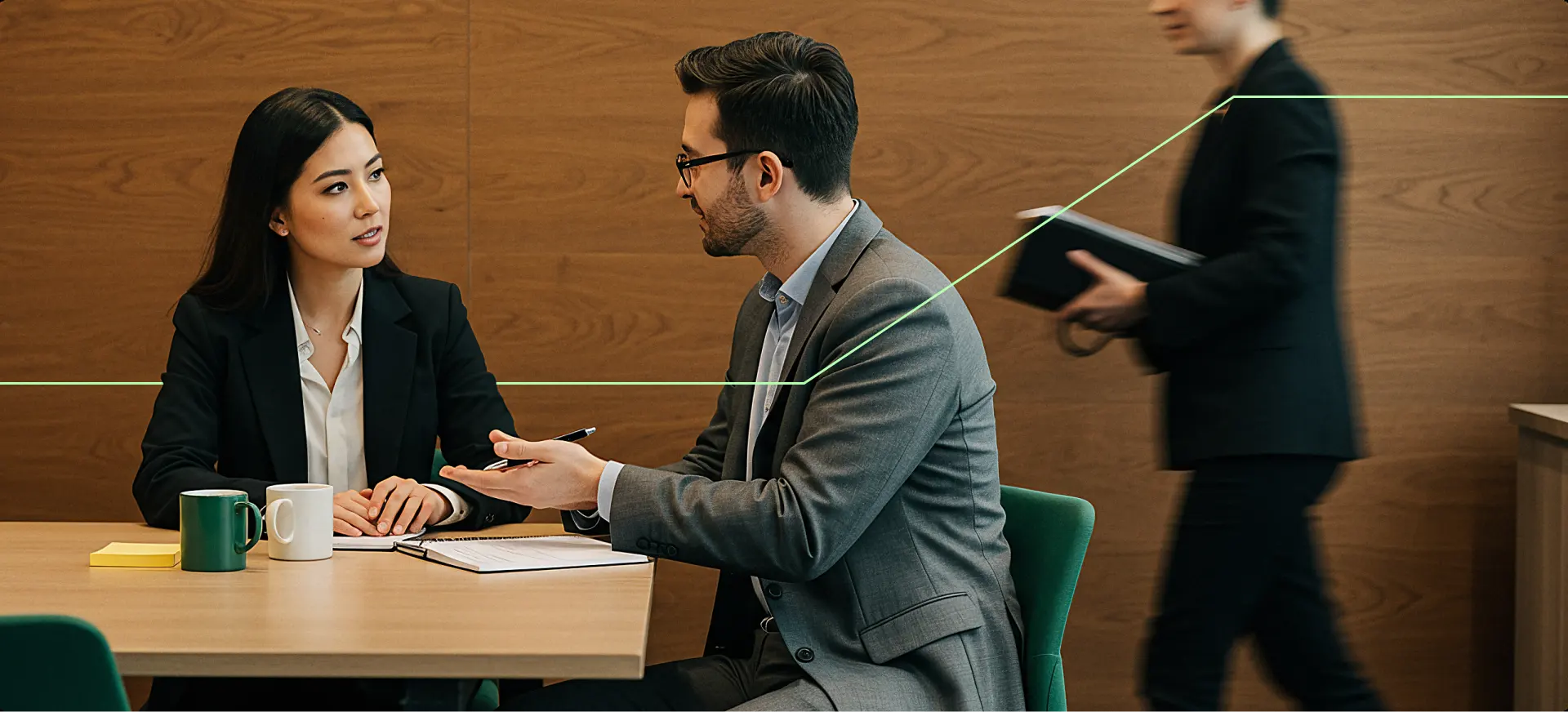 two people are having a business meeting or discussion at a table. Both are dressed in professional attire — blazers and button-up shirts — and appear to be engaged in a focused conversation, possibly reviewing documents or taking notes. On the table are two mugs, notebooks, and some sticky notes. In the background, another person is walking by holding a notebook. The setting seems to be an office or meeting room with wooden wall panels and a calm, professional atmosphere.