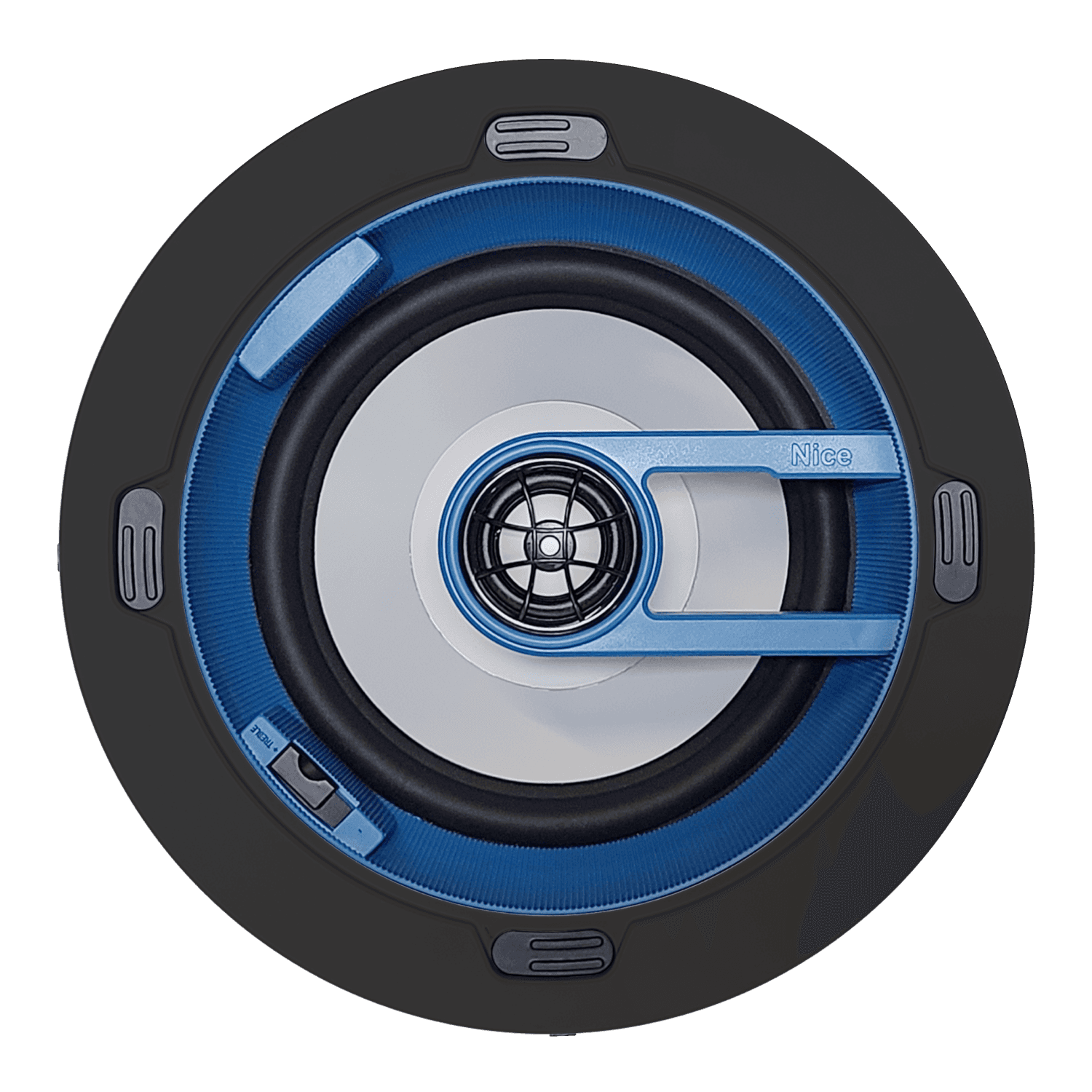 Round speaker with blue and black accents