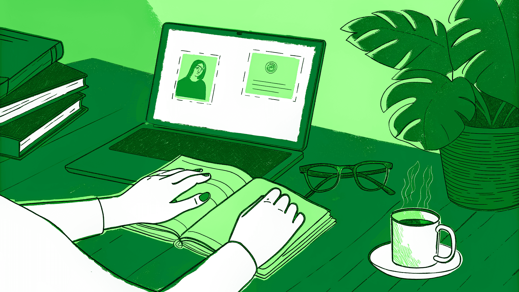 Heir sorting estate documents beside laptop showing unclaimed property search result