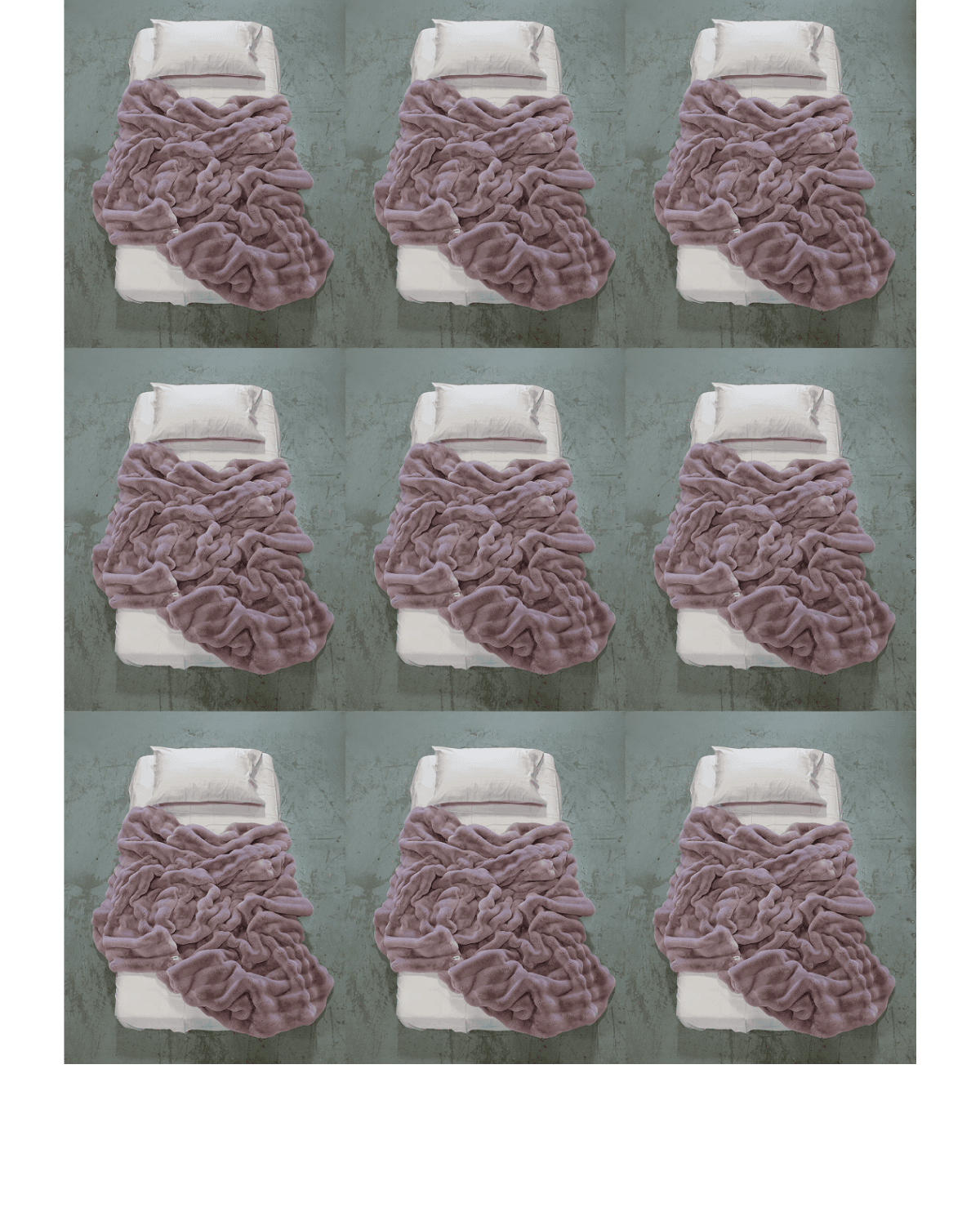 A cozy scene showing a person dressed in white lounging on a sofa, surrounded by plush blankets in cream and deep teal. Both blankets feature the "NORMY" label, highlighting the brand, and add a touch of comfort and style to the setting, which also features colorful tile flooring.