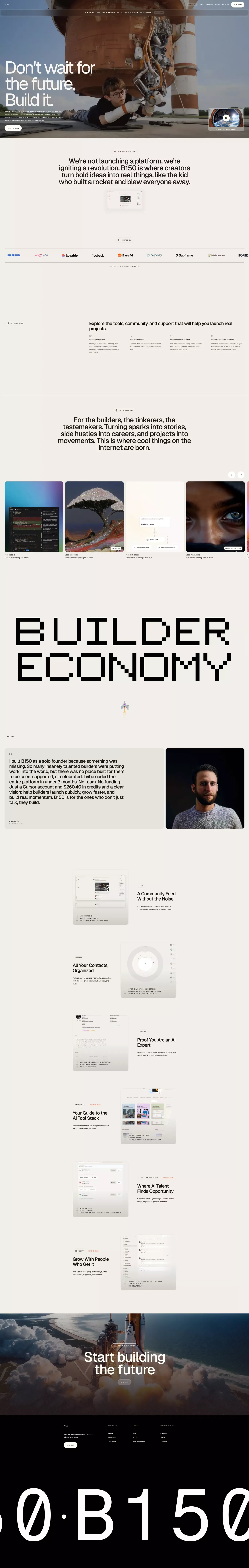 B150 landing page screenshot showcasing AI and Tech design