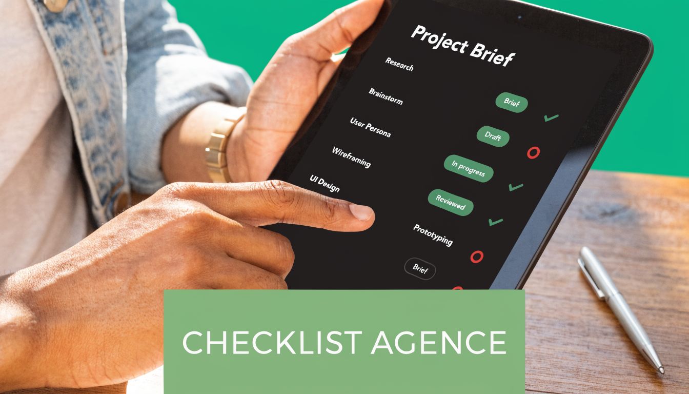 Une personne consulte un projet sur une tablette numérique avec une liste de tâches de conception professionnelle.
