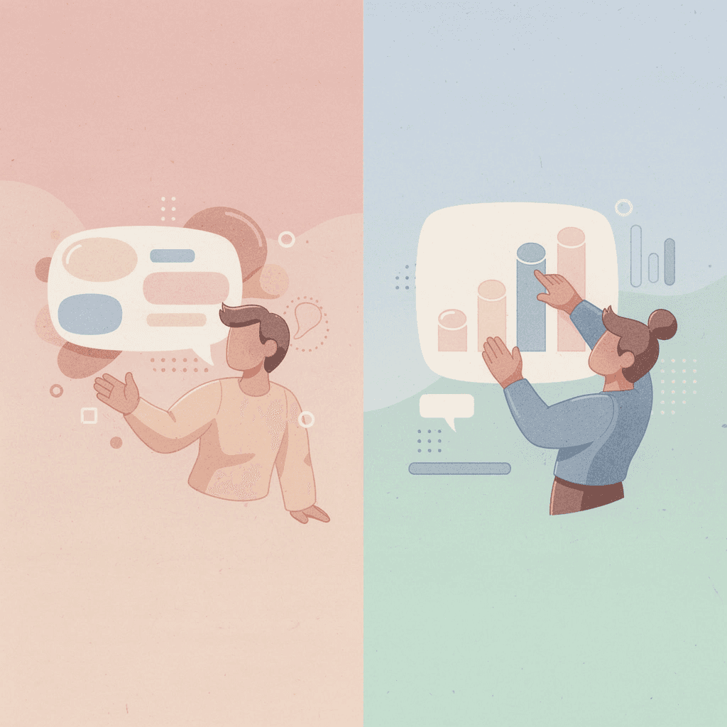 Illustration contrasting flashcard memorization with real conversation practice