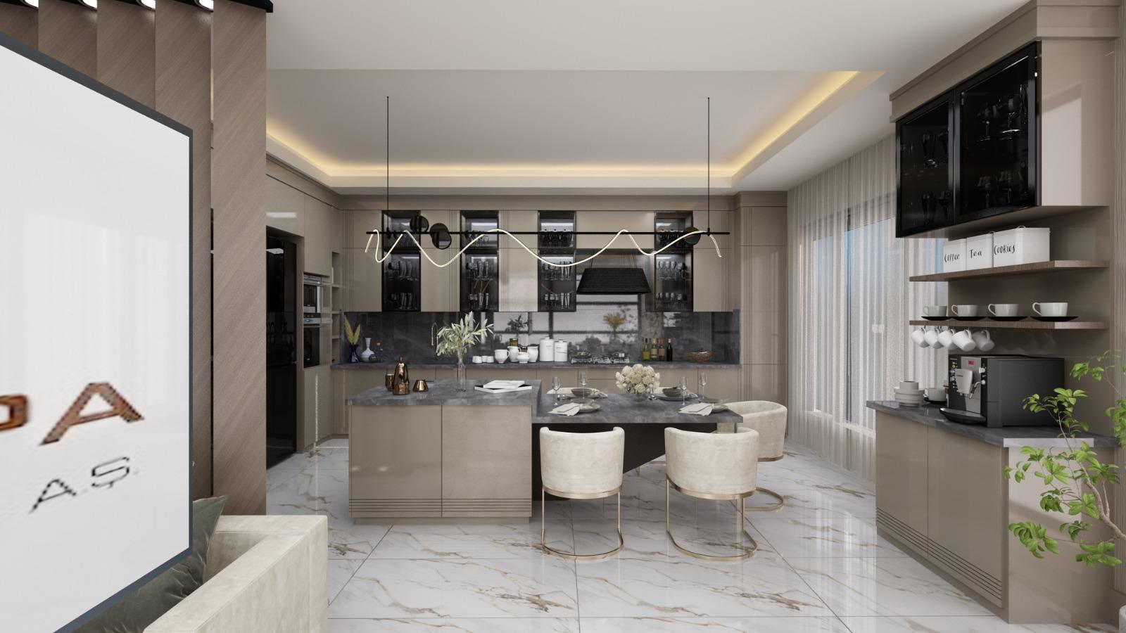Warm, light-filled apartment living room with floor-to-ceiling windows, soft neutral furnishings, indoor plants, and a comfortable seating area.