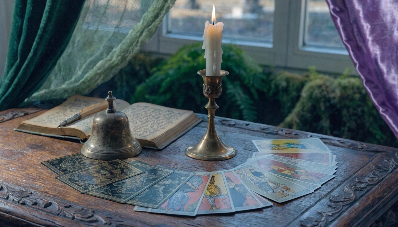 A cinematic, hyper-realistic 8k photograph of a professional tarot consultation space. A hand-carved dark wood table holds a #8C7D64 Aged Bronze bell, an open journal, and two different tarot decks fanned out. 