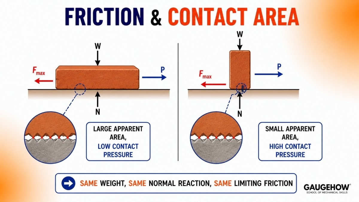  Brick shown flat and on edge with identical limiting friction, illustrating why friction is independent of apparent contact area