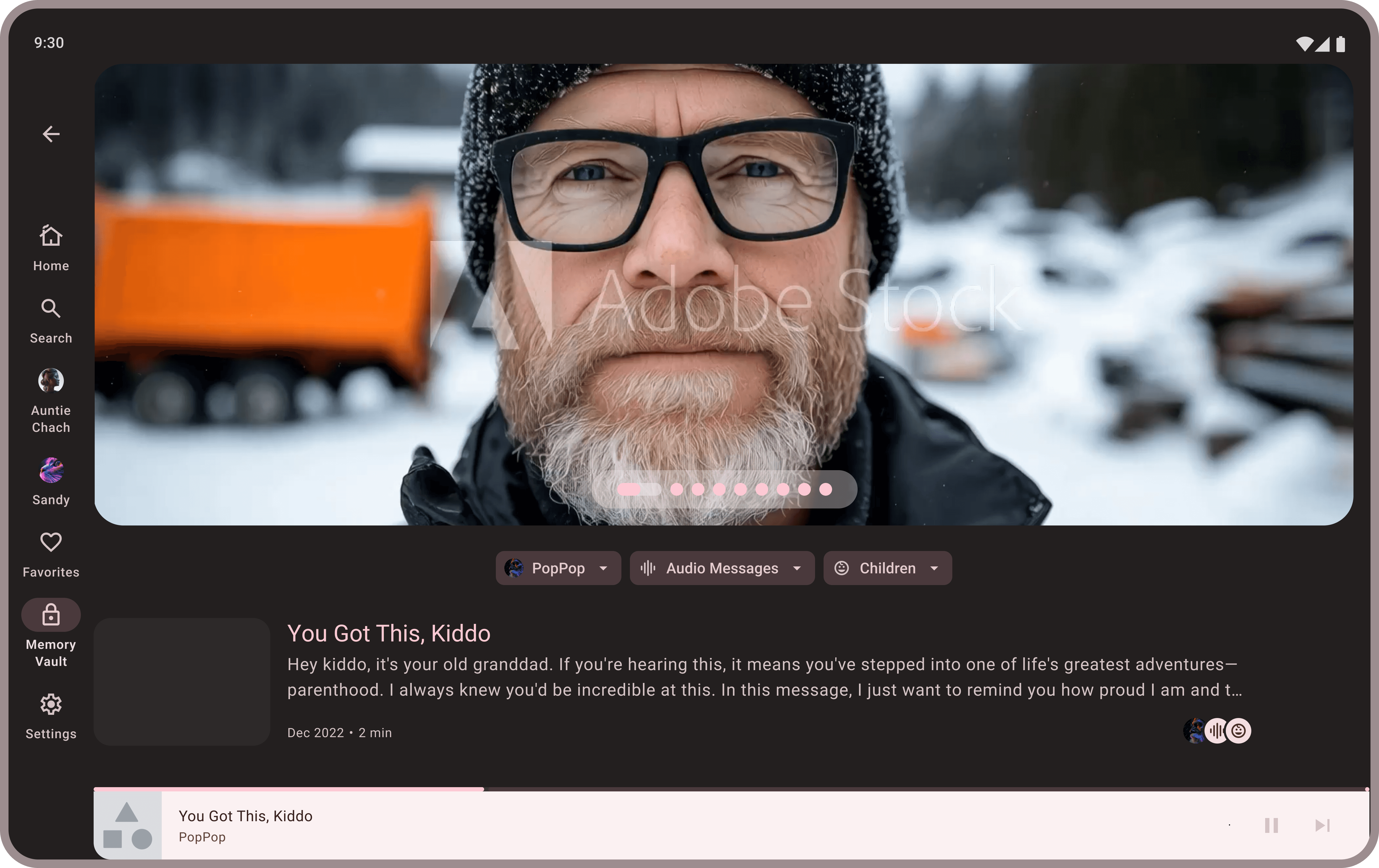 Digital wireframes for the Remembrance app featuring high-fidelity elements like photos, audio players, and a candle-lit login screen on a dark UI.